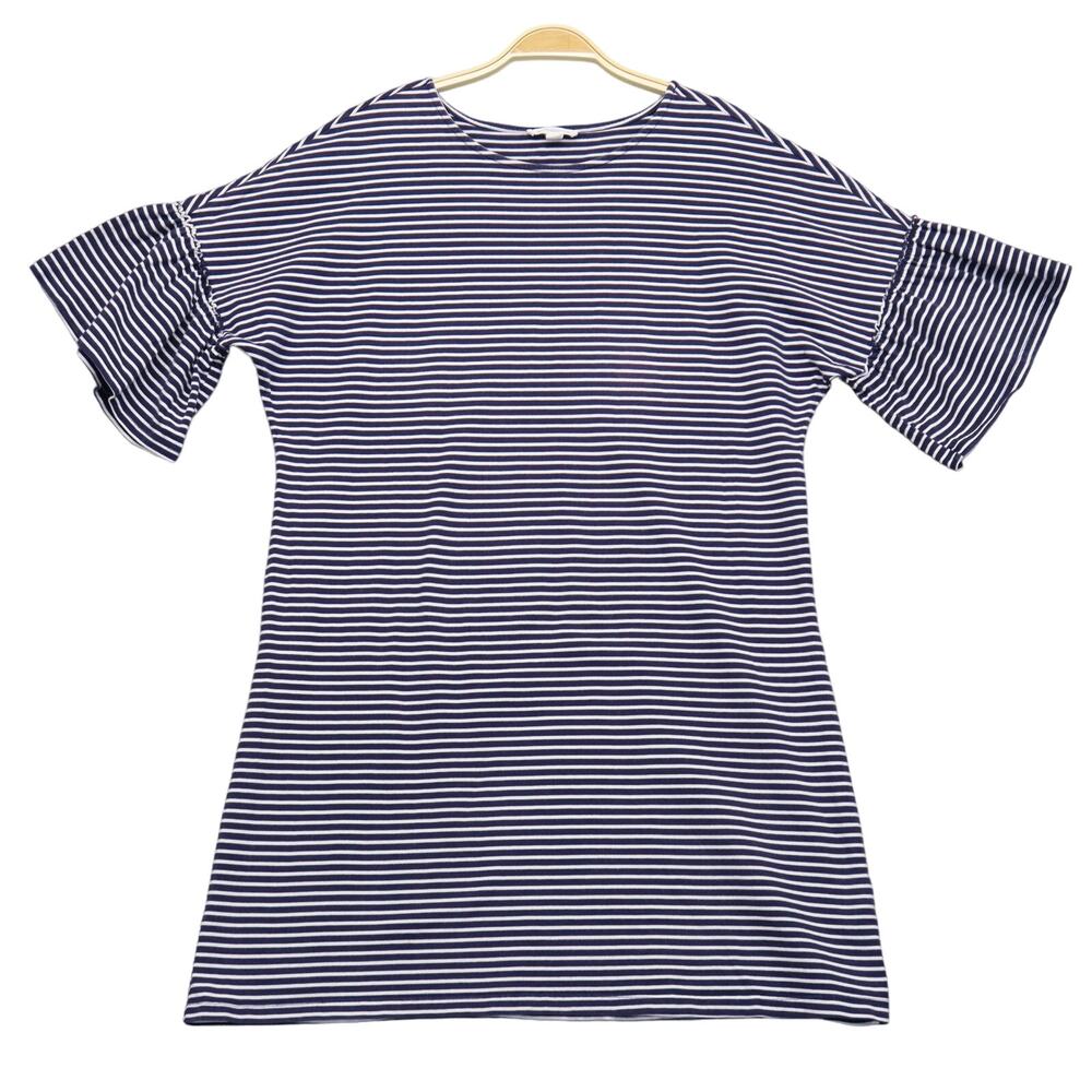 Beach Lunch Lounge Striped Flutter Sleeve Dress L Navy Jersey Cotton Nautical